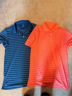 Amazon Essentials Men's Blue and Coral Striped Polo Shirts